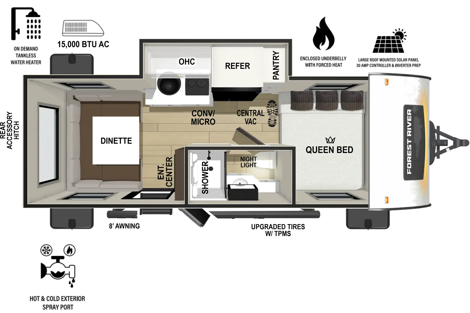 The RP-190 has one slideout and one entry. Exterior features 8 foot awning, upgraded tires with TPMS, hot and cold spray port, rear accessory hitch, on demand tankless water heater, 15,000 BTU air conditioner, enclosed underbelly with forced heat, and large roof mounted solar panel 30 amp controller & inverter prep. Interior layout front to back: side-facing queen bed and central vacuum; off-door side slideout with pantry, refrigerator, kitchen counter with convection microwave, cooktop, sink, and overhead cabinet; door side full bathroom with night light; entertainment center along inner wall, and entry on door side; rear dinette.